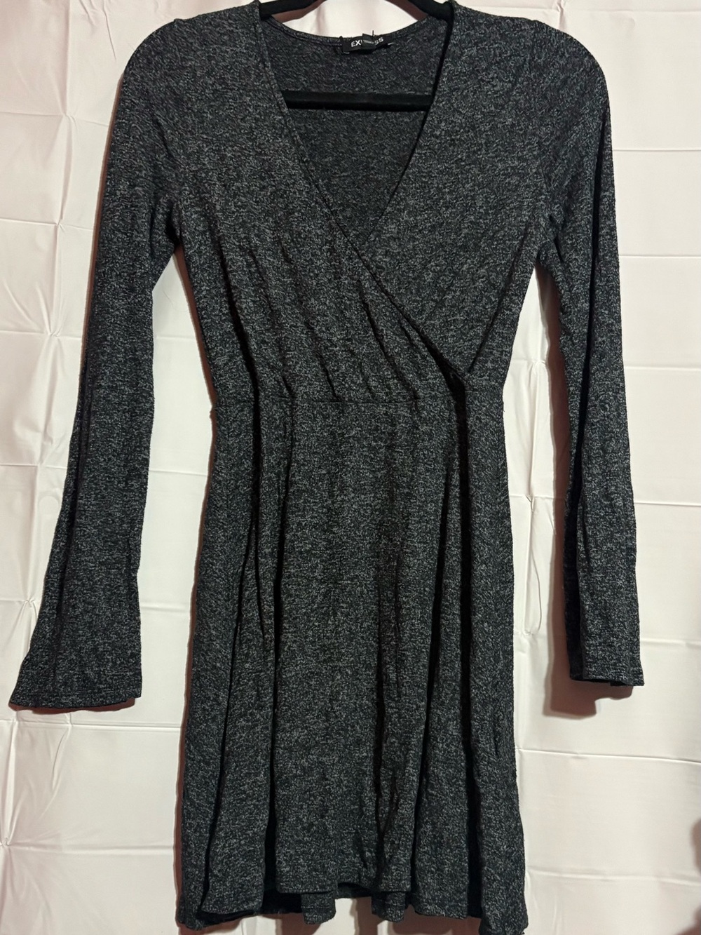 Express Black Heathered Faux-Wrap Long Sleeve Mini Dress